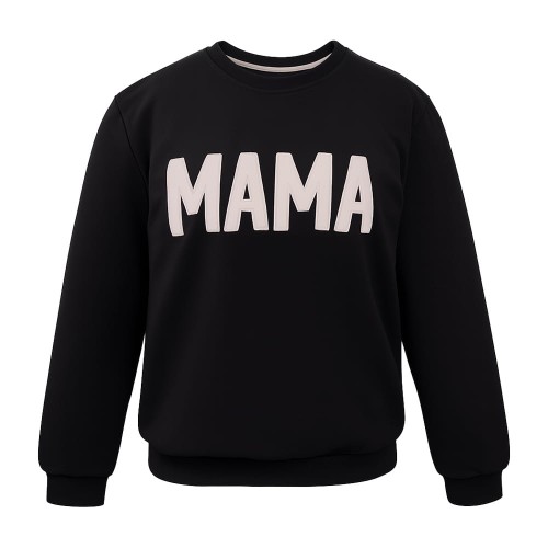 Суичърт с надпис MAMA, черен с бежова бродерия