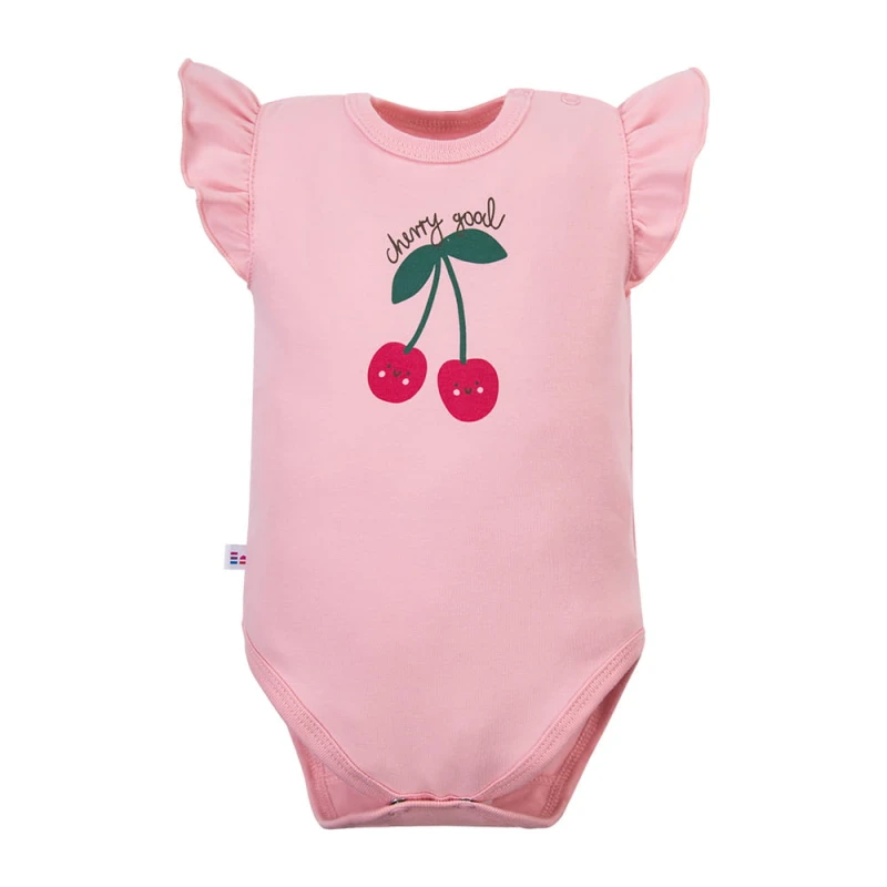 Girls' pink bodysuit with cherry and flutter sleeves