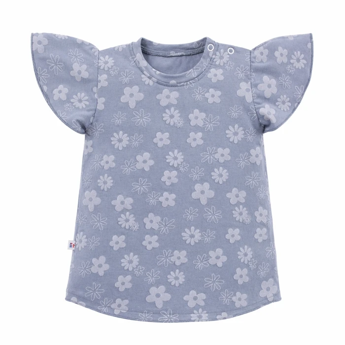 T-shirt z motylkowym rękawkiem niebieski w kwiaty