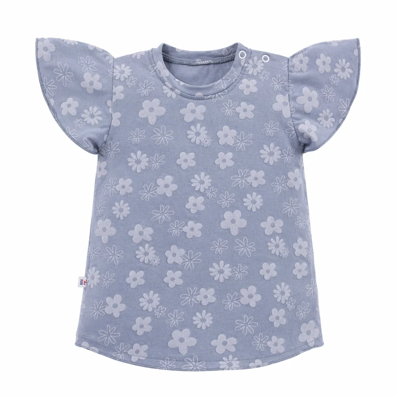 T-shirt z motylkowym rękawkiem niebieski w kwiaty