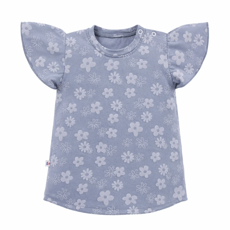 T-shirt z motylkowym rękawkiem niebieski w kwiaty
