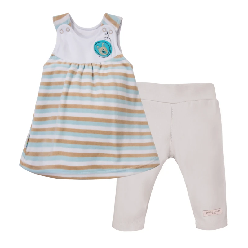 Beige and turquoise striped tunic and beige leggings set