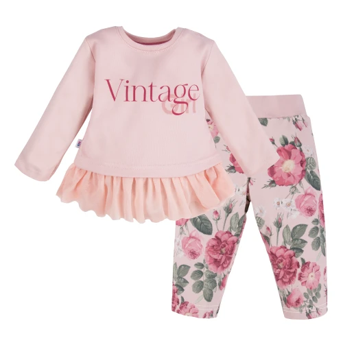 Girls' set with tunic featuring tulle frill and rose print leggings