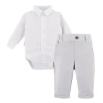White shirt bodysuit and elegant grey pants set