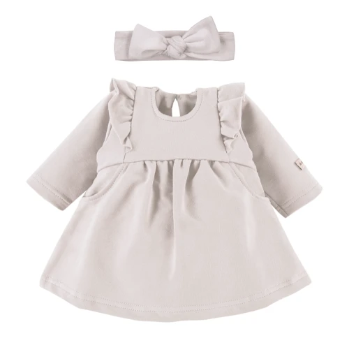 Dress with ruffles and bow headband set beige