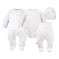 Baby set: bodysuit, footed pants, hat and white sleepsuit with blue balloons