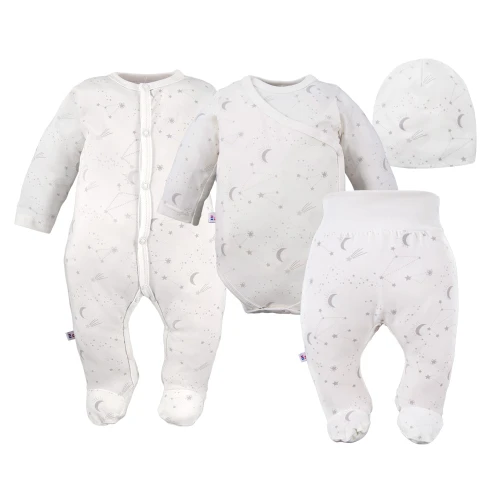 Baby set: bodysuit, footed pants, hat and ecru sleepsuit with stars