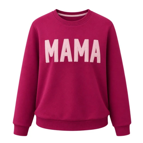 Beige sweatshirt with navy blue "MAMA" embroidery