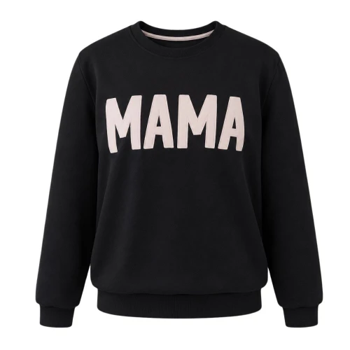 Суичърт с надпис MAMA, черен с бежова бродерия
