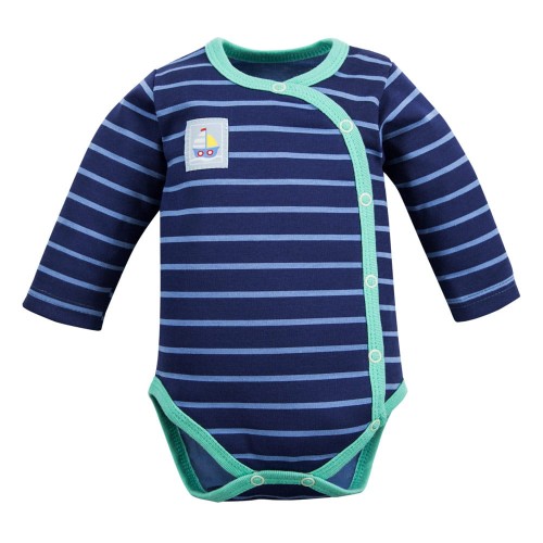 Детско боди тип прегърнато с реверен деколте, на райета със зелена кант